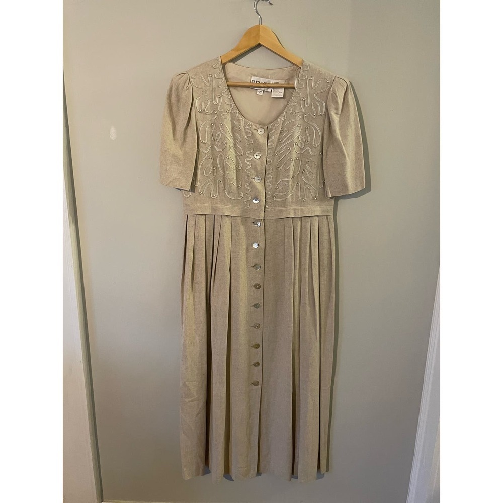 Vintage Linen Blend Plaza South Embellished Beaded Embroidered Dress Womens 10